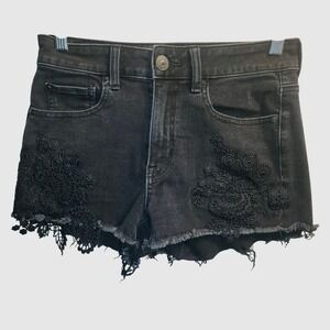 American Eagle Black Denim‎ Shorts Lace Detail Super Stretch Size 2